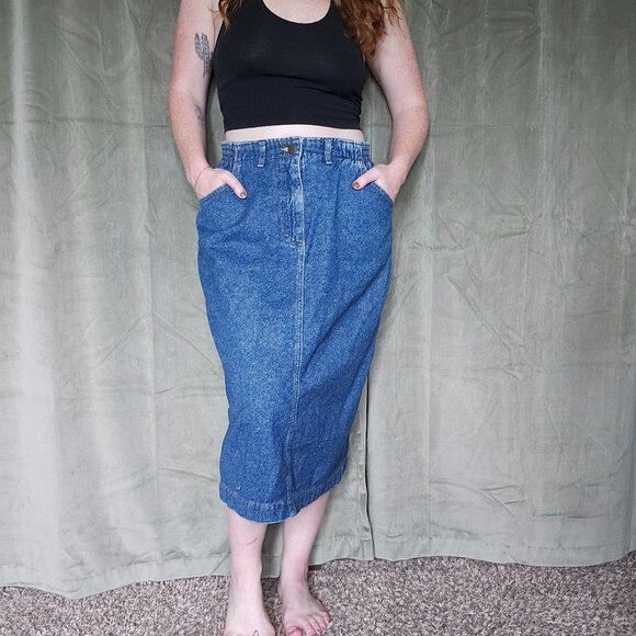 Vintage Casual Coastal Western Cottagecore Preppy Mid Rise Denim Midi Skirt - Picture 2 of 12